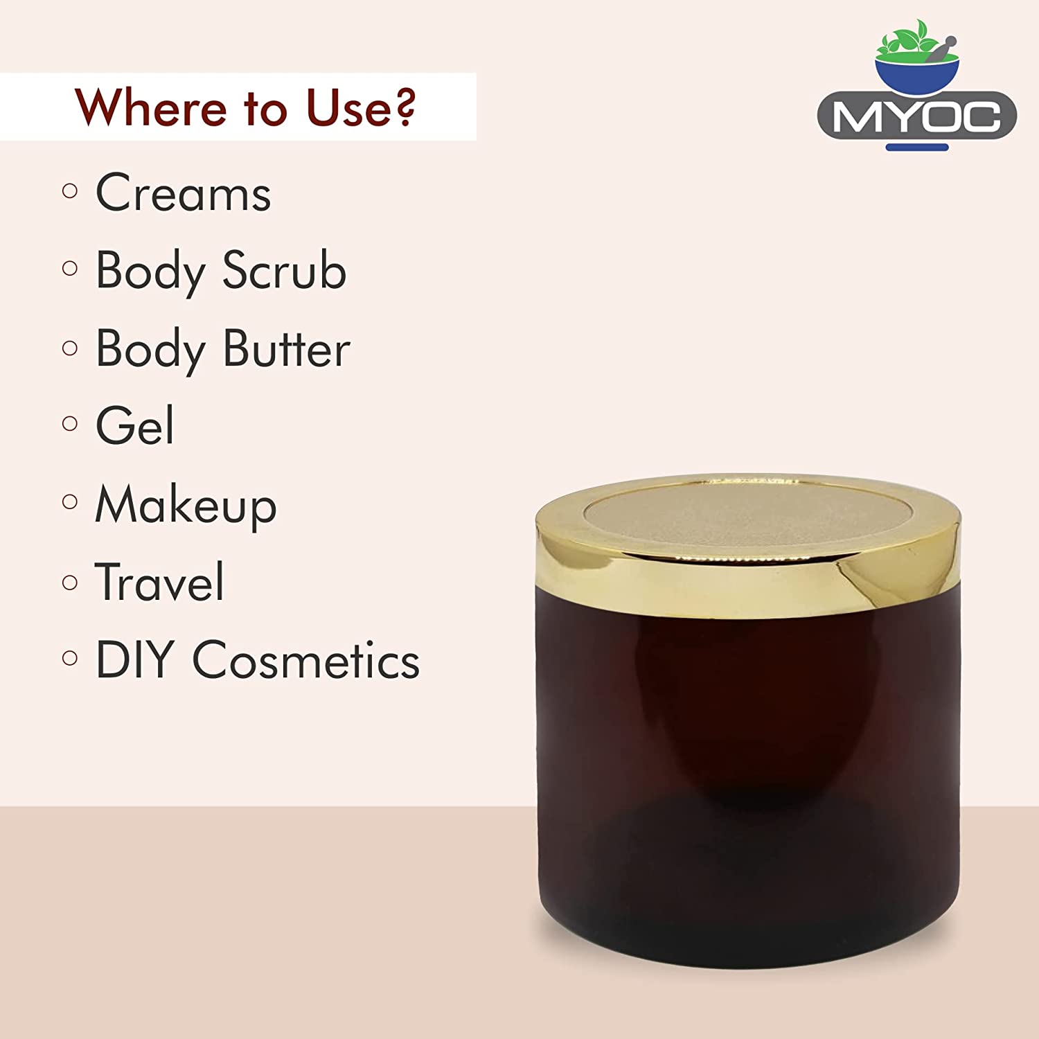 Shoprythm Cosmetic Jar MYOC Amber San Jars with Golden Cap & Inner lid for Creams, Gel, Body Scrub & Butter, DIY Cosmetic Use, Storage Jar- 100gm (Pack of 4)